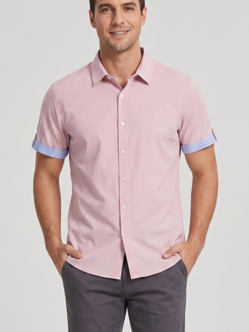 NWT PJ PAUL JONES Mens Pink Stretch Short Sleeve Dress Shirt Plaid Cuffs Medium
